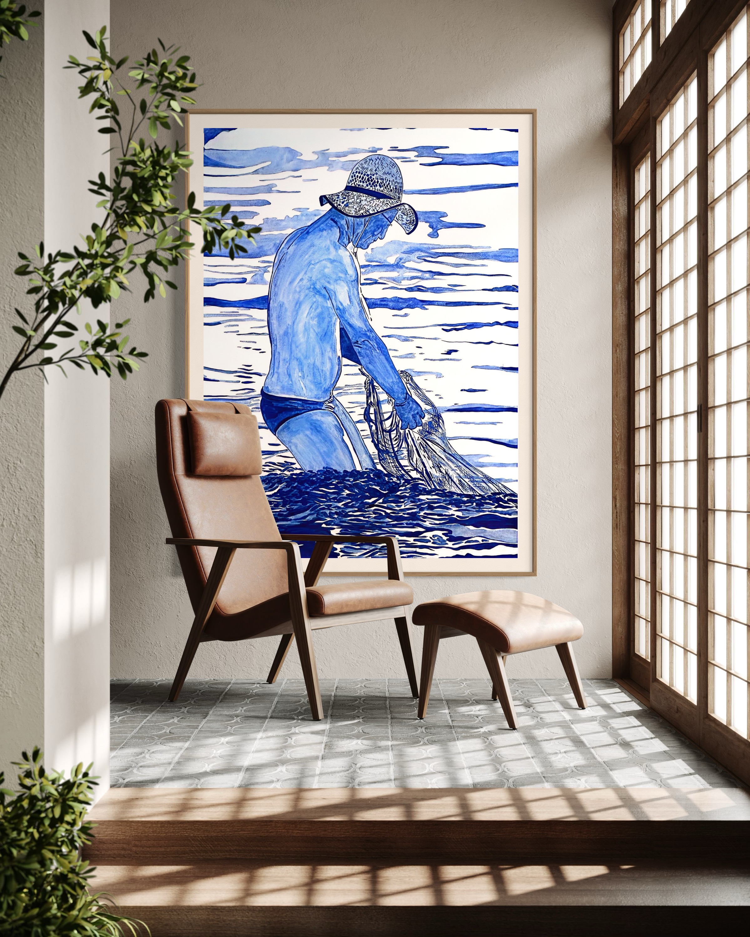 Fisherman in Blue and White