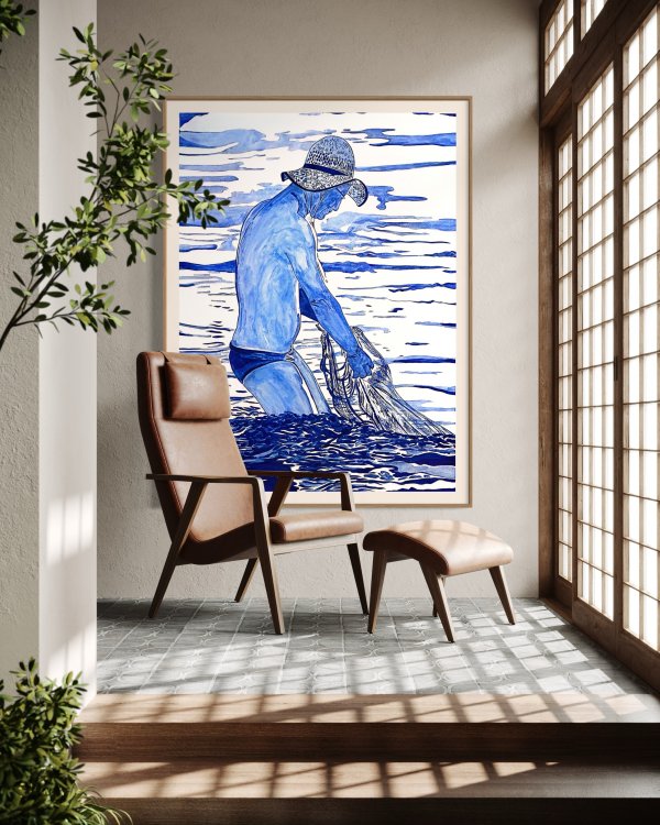 Fisherman in Blue and White